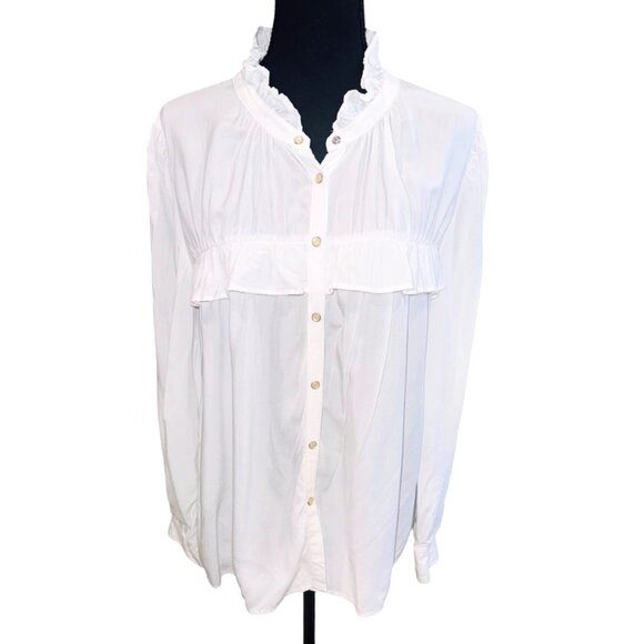 Dear John White Soft Ruffled Cottage Core Peasent Feminine L/S Large Blouse - Picture 2 of 12